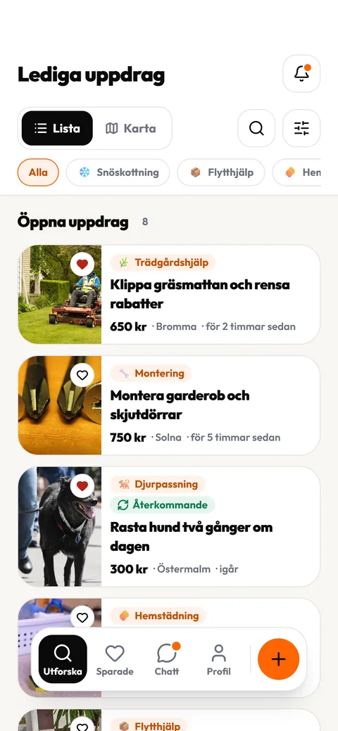 Köra-appen med listan Lediga uppdrag: trädgårdshjälp i Bromma för 650 kr, montering i Solna för 750 kr och hundrastning på Östermalm för 300 kr.