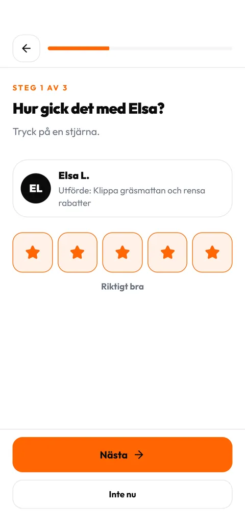 Omdöme i Köra-appen efter ett slutfört uppdrag: frågan Hur gick det med Elsa? med fem valda stjärnor och knappen Nästa.