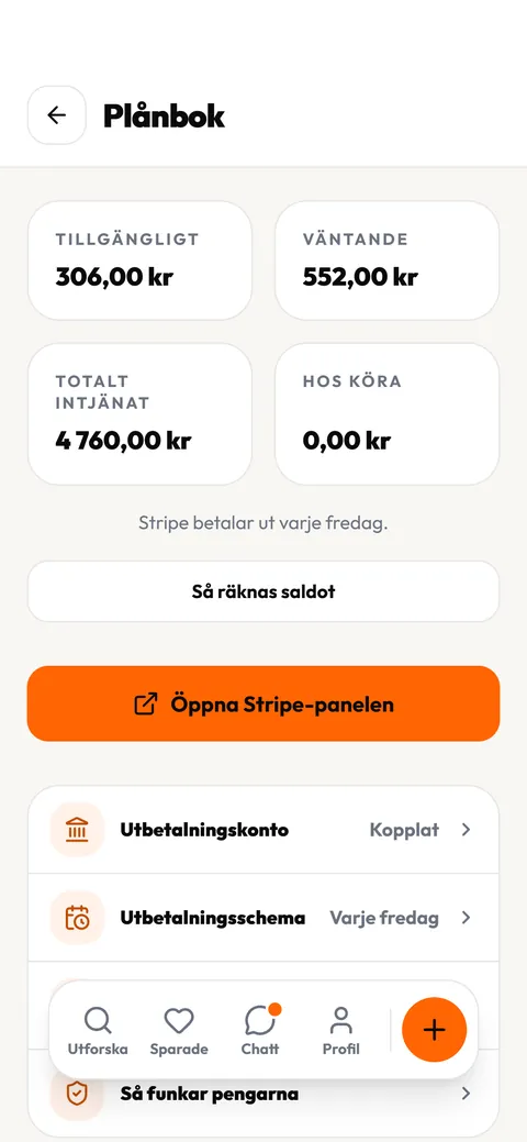 Plånboken i Köra-appen med tillgängligt saldo, väntande belopp och totalt intjänat, och raden Stripe betalar ut varje fredag.